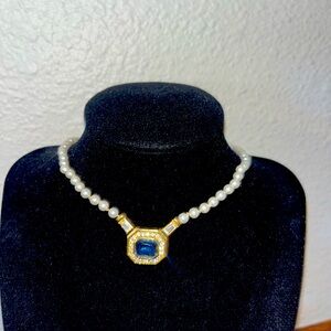 Christian Dior designer Sapphire blue &clear rhinestone faux pearl drop necklace